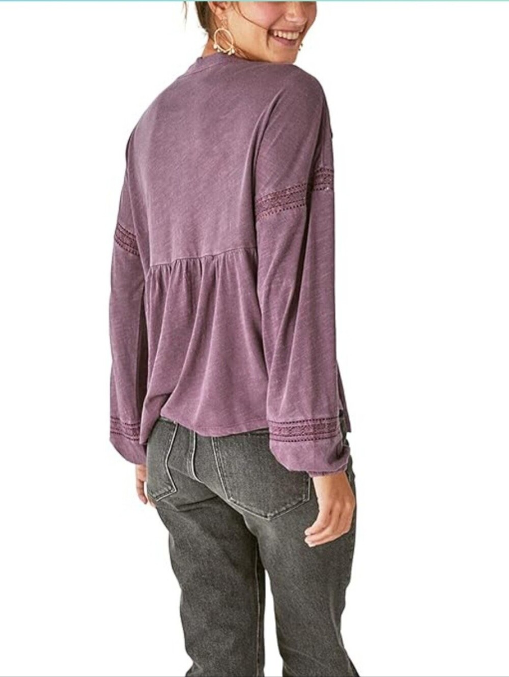 NWT Lucky Brand Women's Long-Sleeve Embroidered Peasant Top - Plum - Picture 2 of 7
